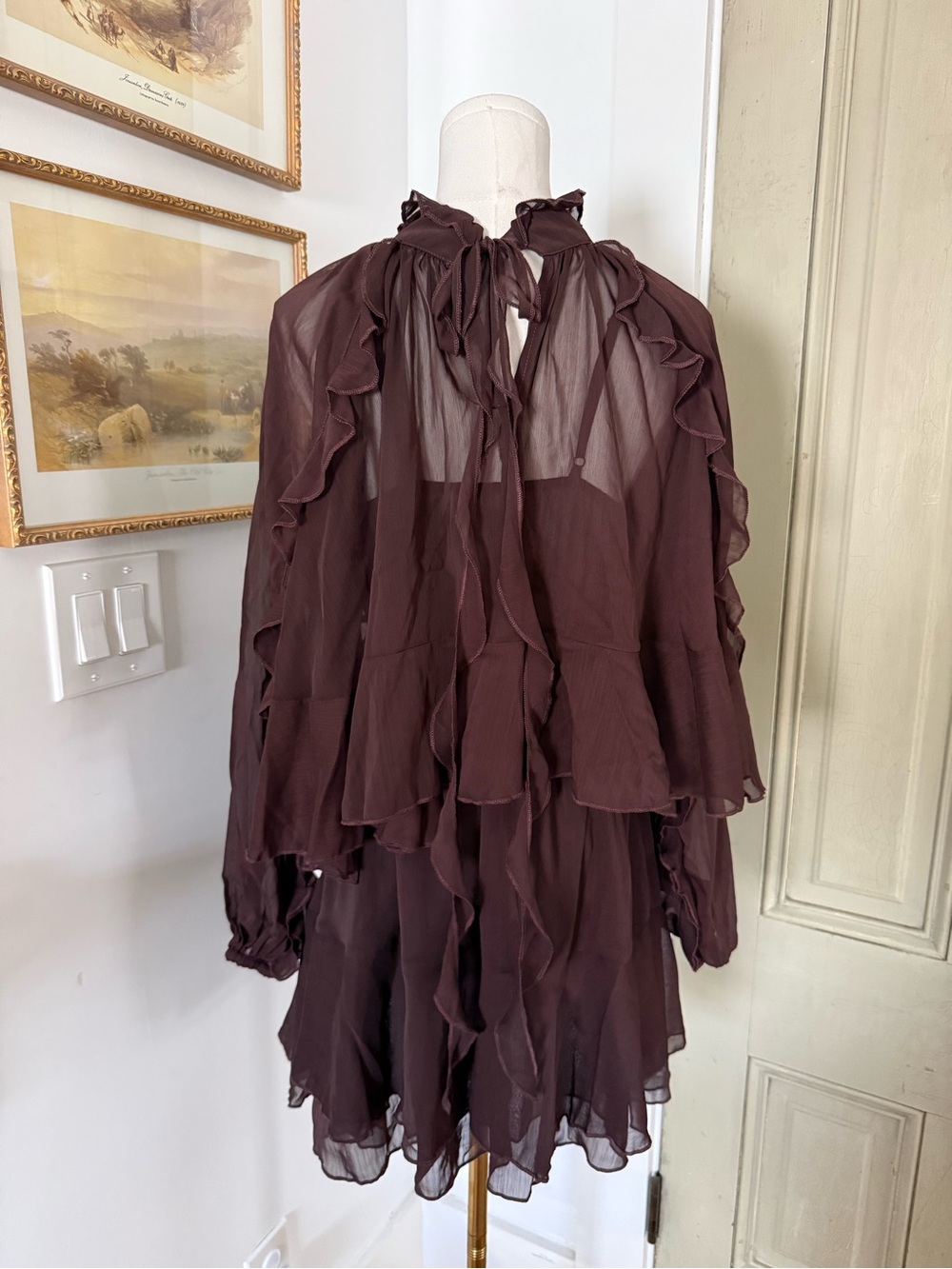 NWT Commense Chocolate Brown Ruffled Cape Mini Dress - Picture 7 of 13